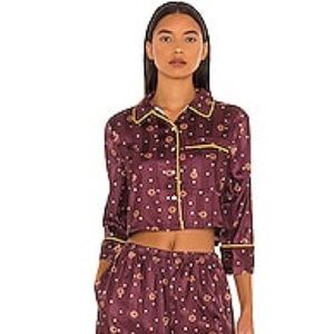 𝅺Free People Red Silk Flower Striped Pajama Party Print Pajama Top ONLY